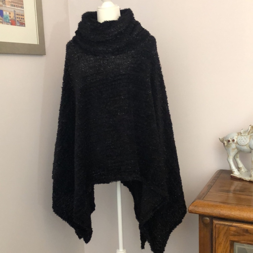 Super fun black fuzzy knit poncho